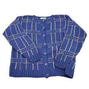 CAMBRIDGE Dry Goods Blue Plaid Cable Knit Button Front Cardigan Sweater Mโ